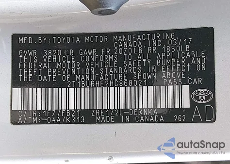 2017 Toyota Corolla Le from USA, damaged, VIN 2T1BURHE2HC868021